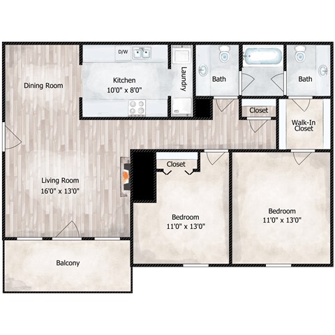 Floor plan for 2 beds, 1.5 baths, 1025 sqft