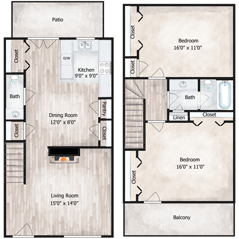 Floor plan for 2 beds, 1.5 baths, 1150 sqft