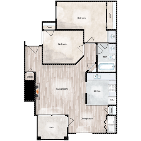 Floor plan for 2 beds, 1 bath, 959 sqft