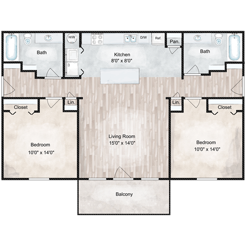 Floor plan for 2 beds, 2 baths, 1075 sqft