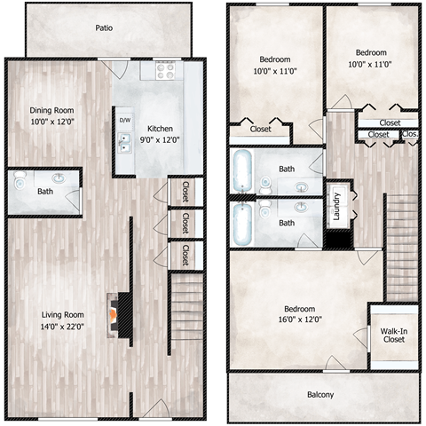 Floor plan for 3 beds, 2.5 baths, 1650 sqft