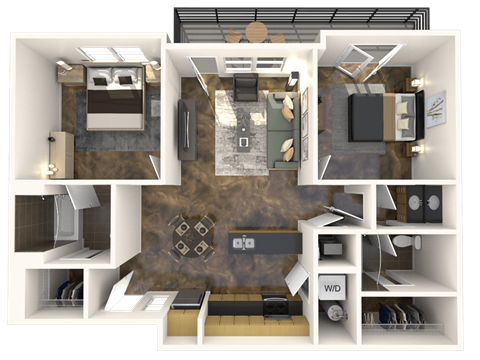 Floor plan for 2 beds, 2 baths, 1077 sqft