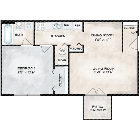 Floor plan for 1 bed, 1 bath, 613 sqft