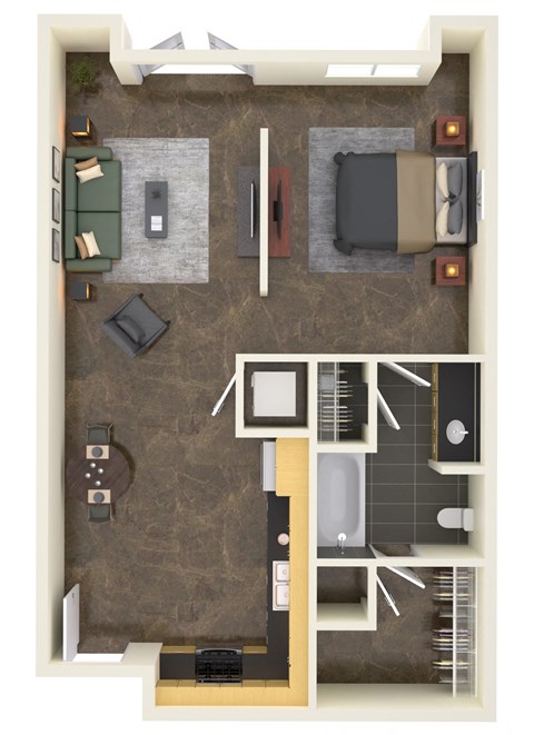 Floor plan for 1 bed, 1 bath, 703 sqft