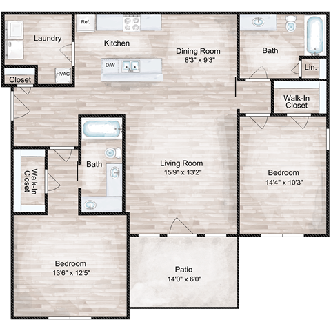 Floor plan for 2 beds, 2 baths, 1265 sqft