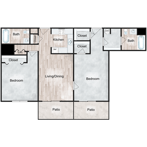Floor plan for 2 beds, 2 baths, 1060 sqft
