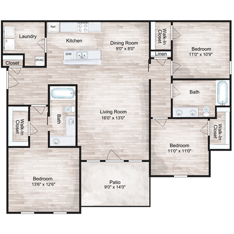 Floor plan for 3 beds, 2 baths, 1429 sqft