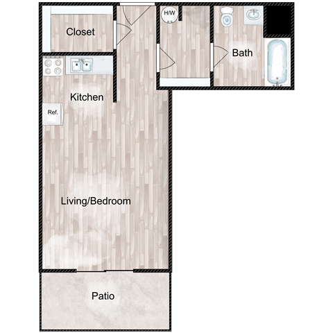 Floor plan for studio, 1 bath, 398 sqft