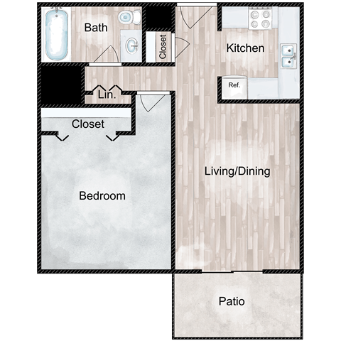 Floor plan for 1 bed, 1 bath, 645 sqft