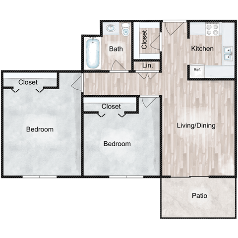 Floor plan for 2 beds, 1 bath, 875 sqft