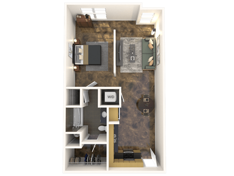 Floor plan for 1 bed, 1 bath, 701 sqft