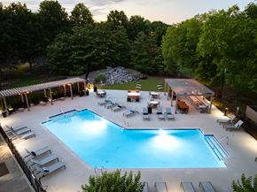 Franklin apartment for rent - A large outdoor swimming pool surrounded by trees and lounge chairs.