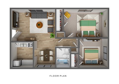 Floor plan for 2 beds, 1 bath, 792 sqft