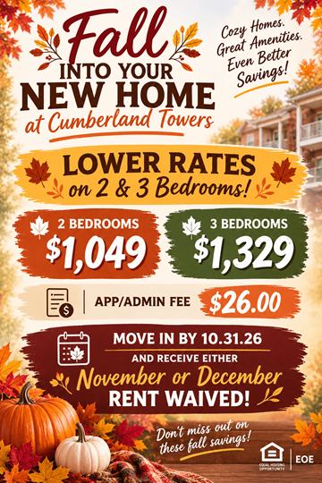 Fayetteville apartment for rent - An advertisement for Cumberland Towers promotes lower rates on 2 and 3 bedroom apartments with a move-in date of October 31st.