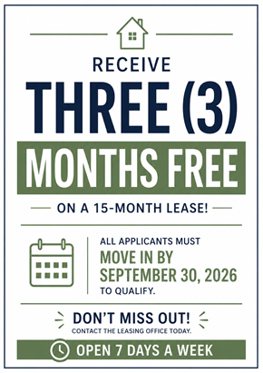Sanford apartment for rent - A promotional image offering three months free on a 15-month lease if qualified by September 30, 2026.