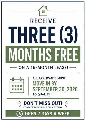 Sanford apartment for rent - A promotional image offering three months free on a 15-month lease if qualified by September 30, 2026.