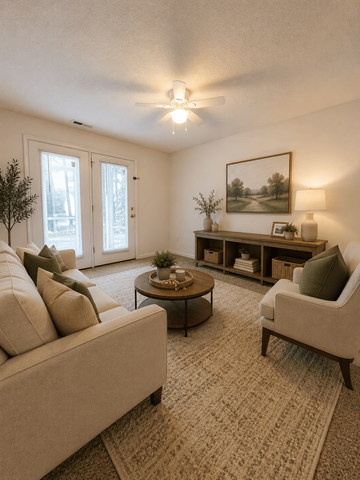 Fuquay-Varina townhouse for rent - A living room with a couch, chair, and a painting on the wall.
