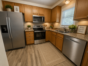 Huntersville triplex for rent - A kitchen with wooden cabinets and a refrigerator.