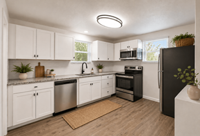 North Charleston apartment for rent - A modern kitchen with white cabinets and stainless steel appliances.