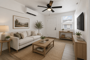 North Charleston apartment for rent - A living room with a white couch, a wooden coffee table, a ceiling fan, and a painting on the wall.
