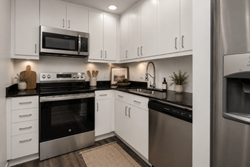 Columbia apartment for rent - A modern kitchen with white cabinets and stainless steel appliances.