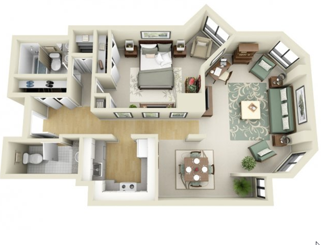 Floor plan for 1 bed, 1.5 baths, 825 sqft