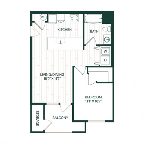 Floor plan for 1 bed, 1 bath, 647 sqft