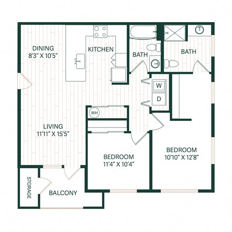 Floor plan for 2 beds, 2 baths, 1007 sqft