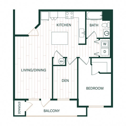 Floor plan for 1 bed, 1 bath, 845 sqft