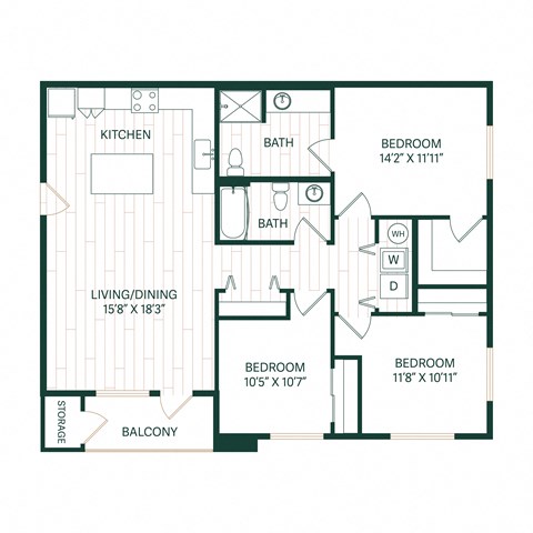 Floor plan for 3 beds, 2 baths, 1287 sqft