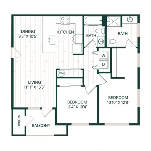 Floor plan for 2 beds, 2 baths, 1007 sqft