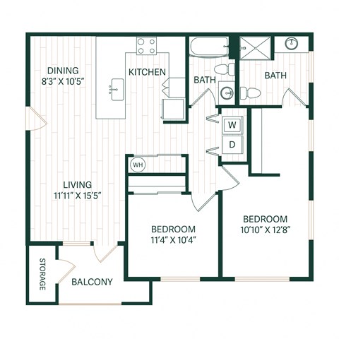 Floor plan for 2 beds, 2 baths, 1007 sqft