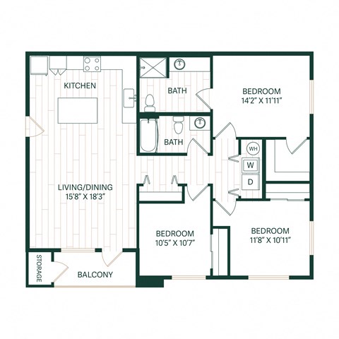 Floor plan for 3 beds, 2 baths, 1287 sqft