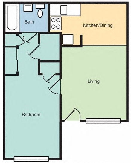 Floor plan for 1 bed, 1 bath, 558 sqft