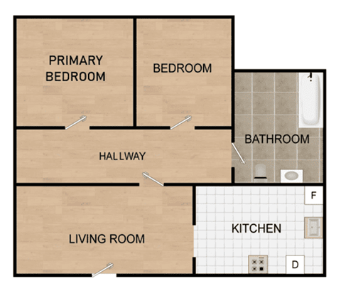 Floor plan for 2 beds, 1 bath, 841 sqft