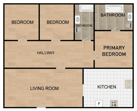 Floor plan for 3 beds, 2 baths, 1296 sqft