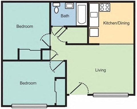 Floor plan for 2 beds, 1 bath, 682 sqft