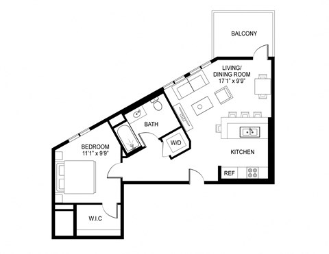 Floor plan for 1 bed, 1 bath, 687 sqft