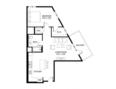 Floor plan for 1 bed, 1 bath, 816 sqft