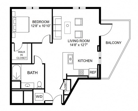 Floor plan for 1 bed, 1 bath, 793 sqft