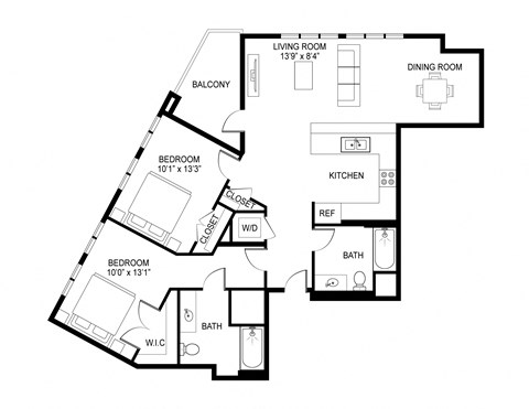 Floor plan for 2 beds, 2 baths, 1134 sqft