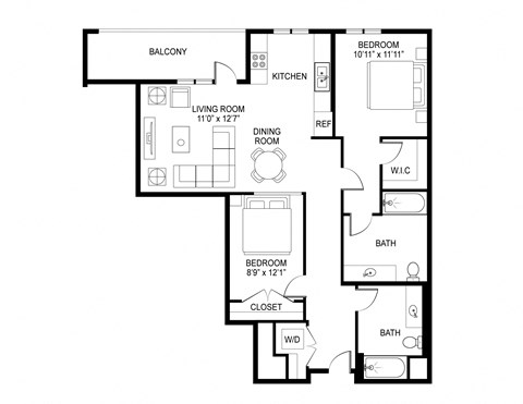 Floor plan for 2 beds, 2 baths, 1087 sqft