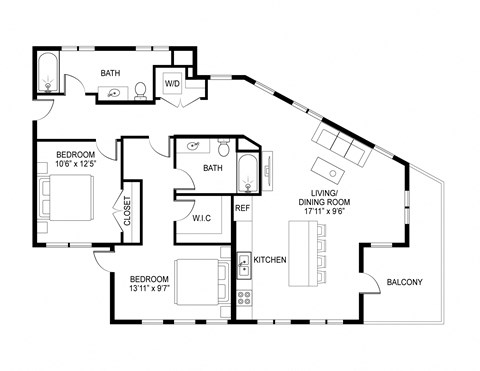 Floor plan for 2 beds, 2 baths, 1242 sqft