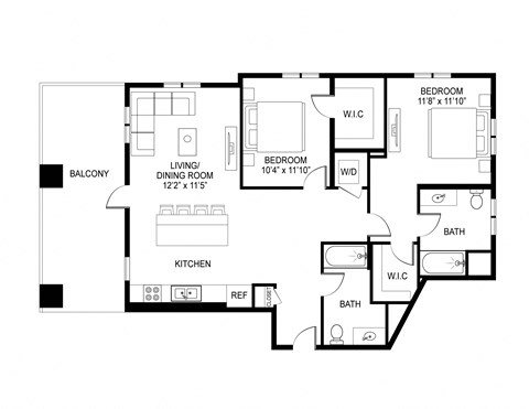 Floor plan for 2 beds, 2 baths, 1124 sqft