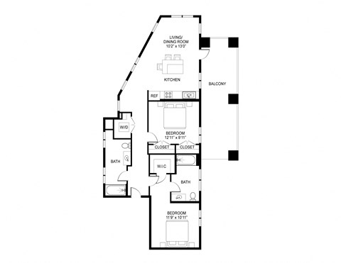 Floor plan for 2 beds, 2 baths, 1114 sqft