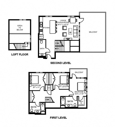 Floor plan for 3 beds, 2.5 baths, 1521 sqft