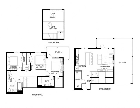 Floor plan for 3 beds, 2.5 baths, 1535 sqft