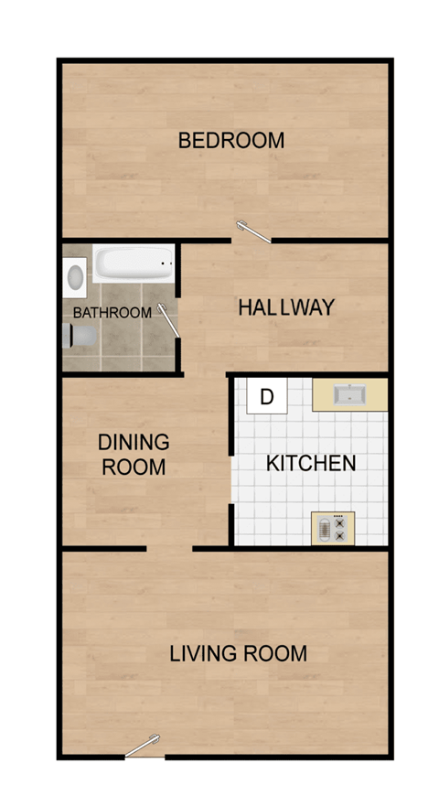 Floor plan for 1 bed, 1 bath, 948 sqft
