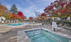 Sacramento apartment for rent - a pool with a hot tub and chairs in a yard with trees