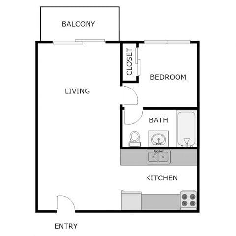 Floor plan for 1 bed, 1 bath, 572 sqft